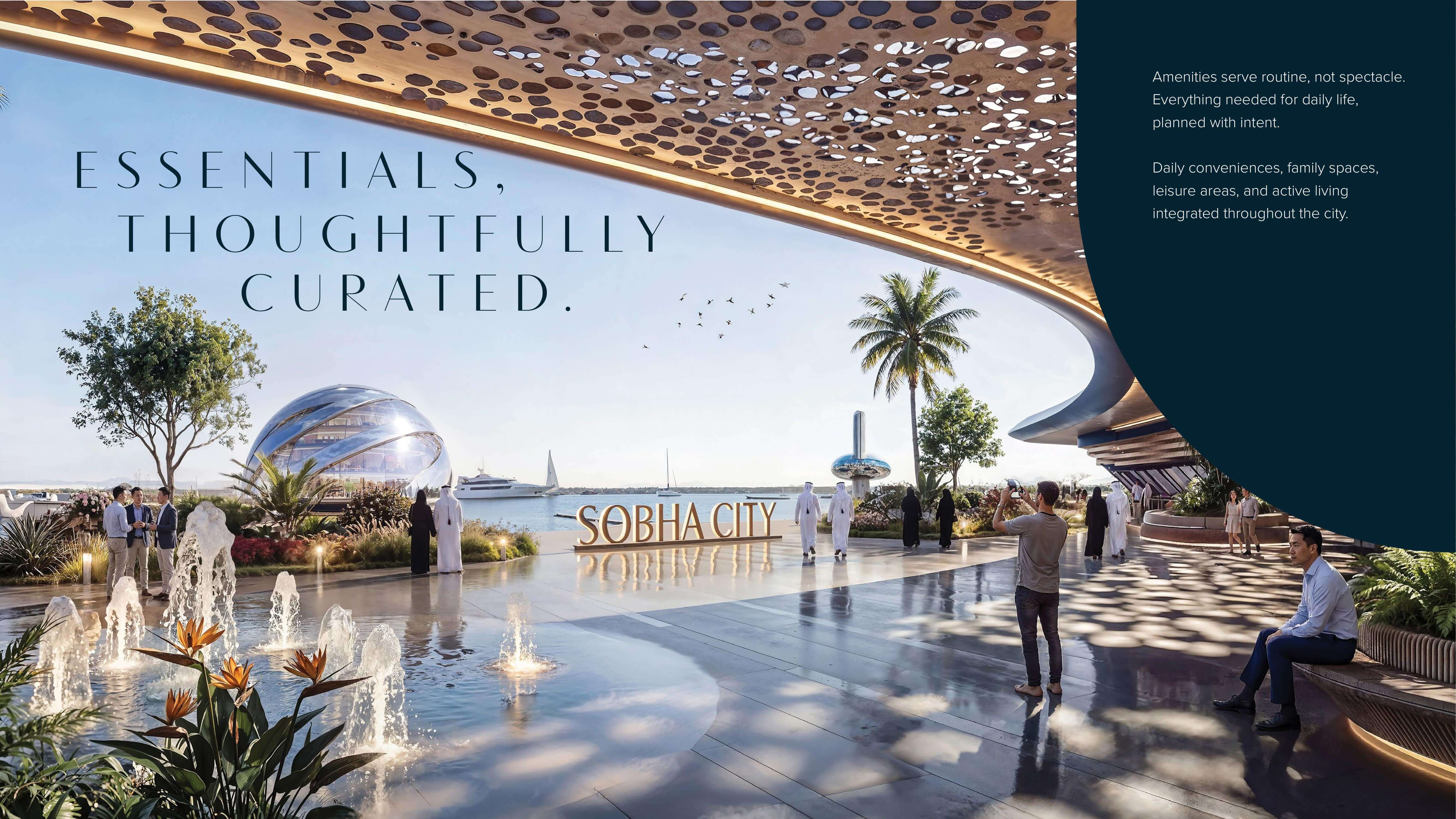 Sobha City Abu Dhabi community pavilion with Sobha City signage, fountains and waterfront promenade