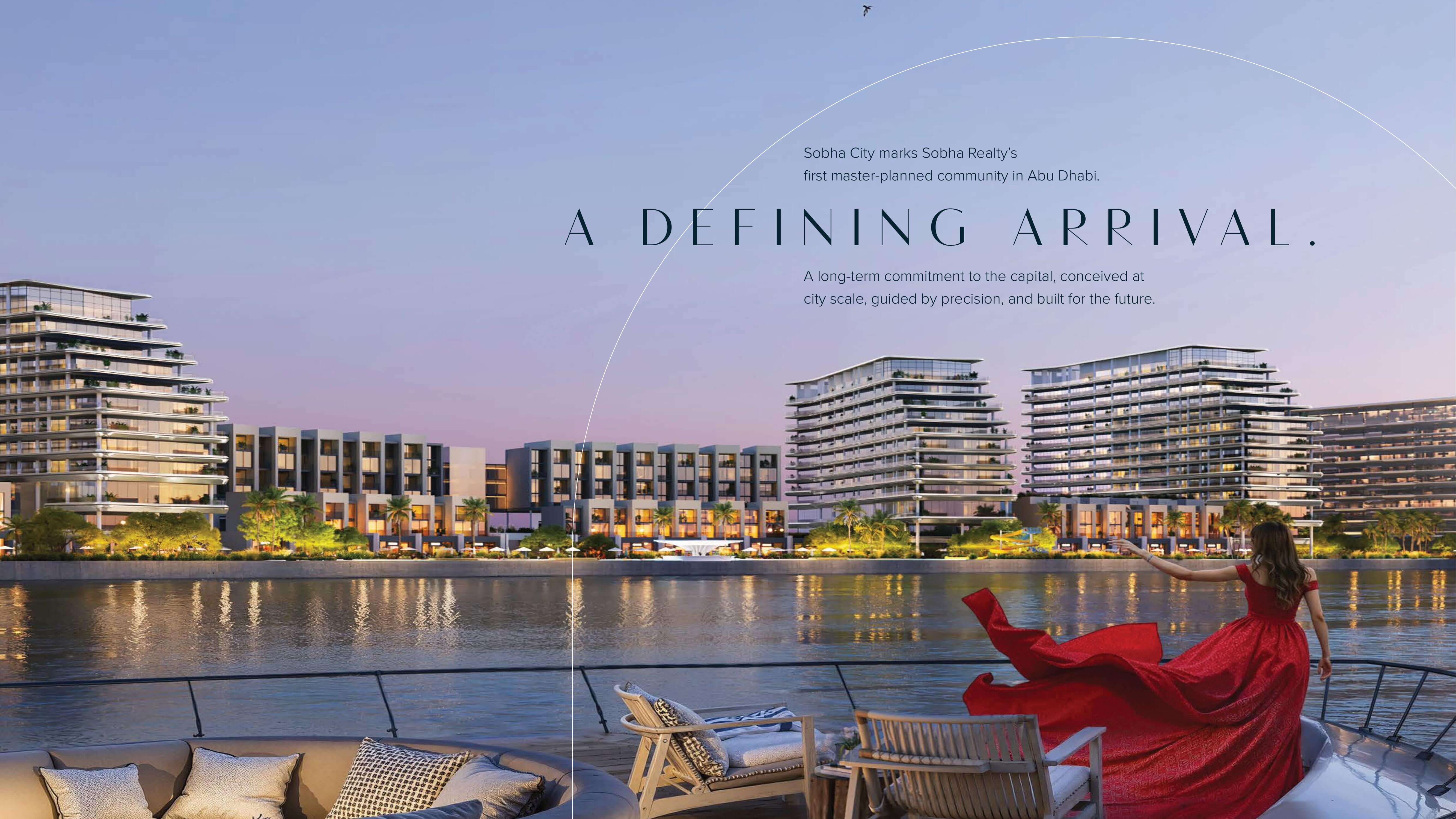 Sobha City Abu Dhabi waterfront residences at dusk – A Defining Arrival by Sobha Realty