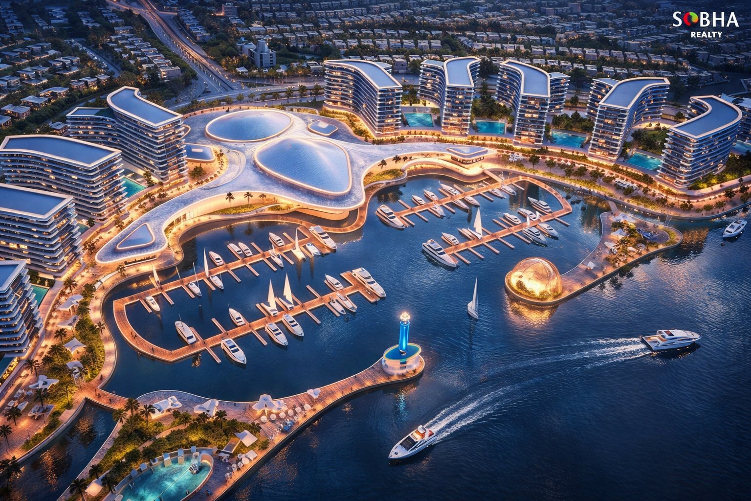 Sobha City Abu Dhabi aerial marina render with luxury yachts, residences and waterfront at night
