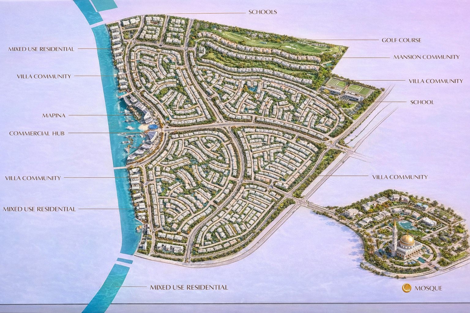 Sobha City Abu Dhabi master plan showing villa communities, marina, golf course, schools, mosque, commercial hub, mixed-use residential zones and mansion community