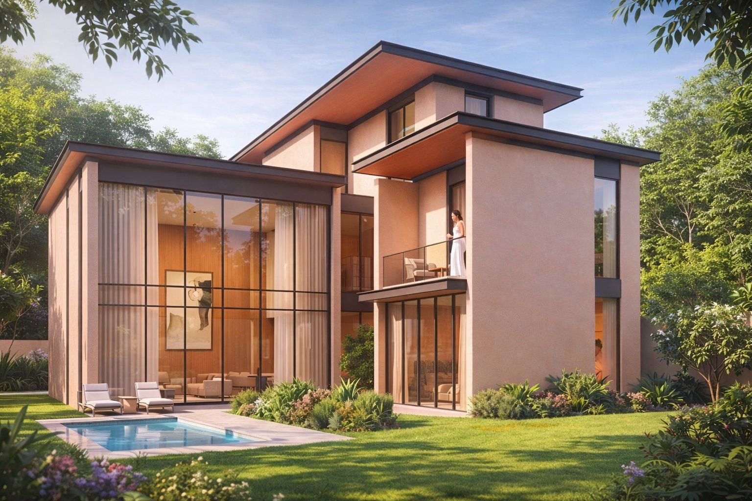 Sobha City Abu Dhabi luxury estate villa exterior with private pool, landscaped garden, floor-to-ceiling windows and balcony