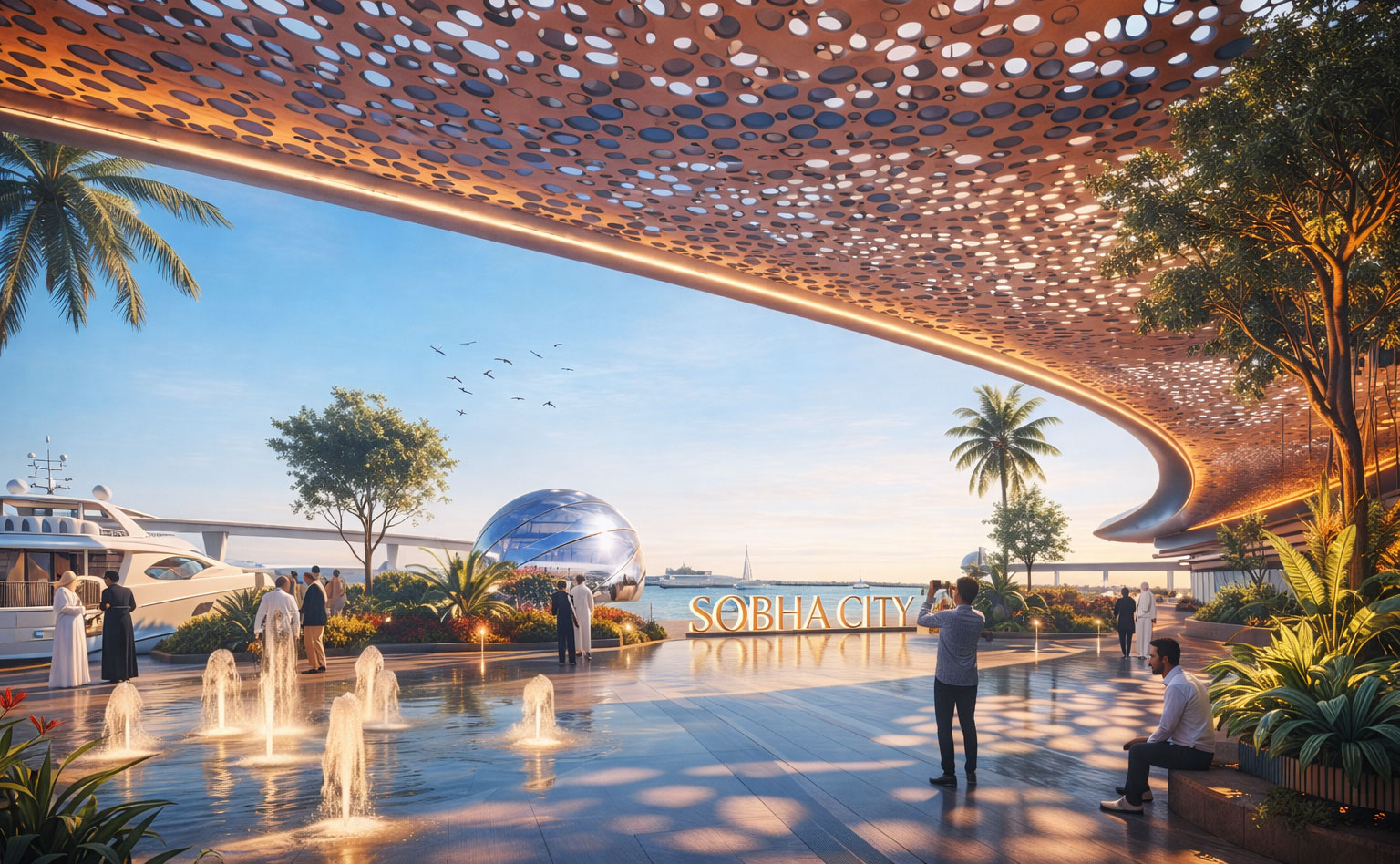 Sobha City Abu Dhabi waterfront pavilion with fountains, marina views and iconic Sobha City signage