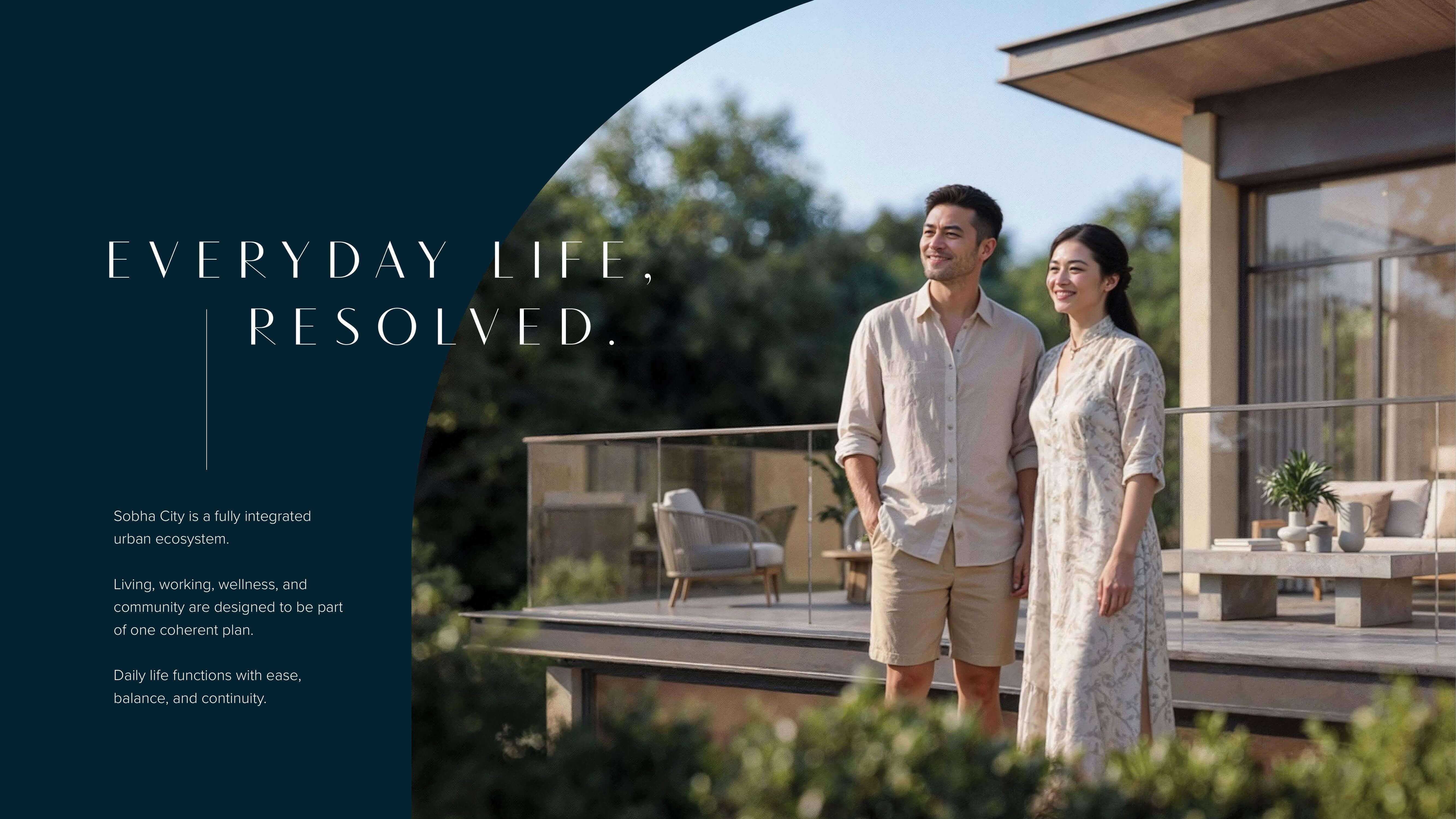 Sobha City Abu Dhabi lifestyle – couple at modern villa terrace with landscaped gardens
